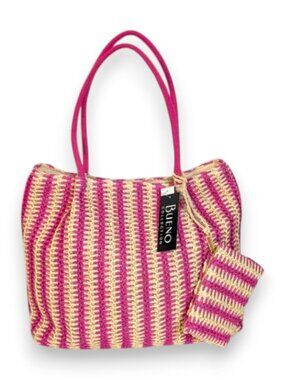 Bueno Pink and Cream Straw Tote With Coin Pouch NWT